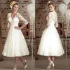 Vintage V Neck 3 4 Long Sleeves Lace A Line Wedding Dresses 2020 Tulle Heabique Tea Length Bridal Bridal Bridals BM1650 336D