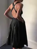 Frauen lässig Kleid mit Rückenless-Baumwoll- und Leinenfalten A-Line Strandärmel sexy feste Taschen Y2K Hochzeitsgäste Midi Kleid 240509