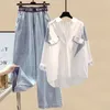 Summer Stitched Chiffon Long Sleeve Shirt Female Pant Set Elegant Womens Jeans Casual Ladies Blouse Two Piece Set 240508