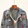 Womens Graffiti Denim Jacket Frayed Raw Cut Rivet Fringe Jean Coat Female Outwear Short Street Fashion Spring Autumn 240423