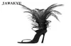 Jawakye sandales de plumes noires pour femmes autrrich décor de cheveux minces talons hauts chaussures dames sandales t show shoe partage y2004054690341