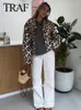 Kvinnors jackor vintage casual kvinnor leopard tryck blixtlåsare avbryta krage korta rockar mode 2024 vårhelg