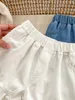 Shorts neue Sommermädchen Baby solide weiche Denim Shorts Neugeborenes Baby dünne Ruffen Jeans Kinder Cotton Casual Shorts Kinder mitteldichte Faserplatte D240510