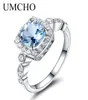 UMCHO REAL S925 BAGKS SIRGES STERLING POUR FEMMES BLUE TOPAZ RING GEM STAILLE Aquamarine Cushion Romantic Gift Engagement Bijoux C19021717232