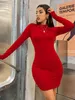 Long Sleeve Slim Bodycon Mini Dres Turtleneck Plissee Party Ruched Short Evening Club Outfit Soild Color 240509