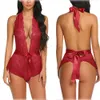 Nieuw leuk ondergoed sexy open rug hangende nek kanten mesh open front jumpsuit