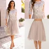 2019 Elegante Boho Mãe dos Vestidos da Noiva Lace Tule Knee Length 3 4 Mangas compridas Vestido de convidado de casamento de casamentos de noite 243o