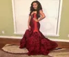 Burgundy Mermaid Prom Kleider 2016 Elegant Taft Arabisch Sweetheart Back Korsett Cascading Rüschen sexy schwarzes Mädchen Prom Abend Go1437058