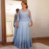 2020 Plus Size Mother of the Bride Dress for Wedding Party Light Blue Lace Tulle 3 4 Long Sleeve Ladies Formal Evening Prom Gowns 305a