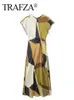 Vestidos casuais básicos Trafza 2024 Summer Fashion Fashion Retro Print O-J-Gola Midi Dress Waist Ruffle Fashion Casual Moda elegante Womens Wearl2405