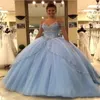 Light Sky Blue Ball Gown Quinceanera Dresses Cap Sleeves Spaghetti Beading Crystal Princess Prom Party Dresses For Sweet 16 Girls 201r