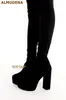 Bottes Almudena Black Stretch Fabric sur le genou Chunky High Heel plate-forme cuisse Bodycon Slim Fit Long Shoes