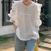 Women's Blouses BGTEEVER Casual Loose Ruffles Long Sleeve White Shirts For Women Spring Summer O-neck Female Pullovers Ladies Tops
