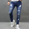 Jeans masculins élégants hommes épissant un pantalon de motard skinny bleu en détresse Hiphop Street Male Stretch Holes