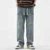Jeans masculins 2024 Été à mi-hauteur droite des jambes juvéniles de travail jeunesse de travail en vrac pantalon décontracté