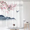 Rideaux de douche chinois peinture à l'encre fleur et oiseaux baignoire décor imprimé tissu lavable rideau en polyester avec crochets