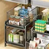 Kök förvaring 2 Tier Basket Drawer Organizer Under-Sink Rack Tray Pull-Out glidbänk för krydda burk