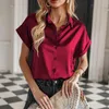 Kadın bluzları 2024 Yaz Saten Gömlek Kadınlar Kısa Kollu Düğme Up Bayanlar Ofis Düz Renkli Gevşek İpek Gömlek Bluz