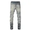 Mens spray painted elastic denim bicycle jeans street clothing crack patches work holes tears tight pants tapered Trousers 240508