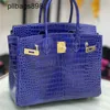 Femmes brkns sac à main en cuir authentique 7a Handswen High Gloss Bay Crocodile Skin 30 avec luxe léger électrique bleu en cuir 0uon