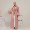 Vêtements ethniques 2024 Eid Djellaba Abaya Dubai Coucheur douce brillante Slves Hobe musulmane Silky Kimono Dubaï Turquie robe Islam Abayas avec ceinture T240510