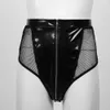 Women Sexy Opening Crotch Leather Shorts For Sex Erotic Perspective Breathable Gauze Zipper Glossy Latex Bag Hip Pants Sexi Catsuit Costumes