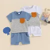 Kleidungssets Mode-Gelegenheits-Kind-Jungen-Sommer-Kinder Shorts Set Outfit Stripe Print Kurzarm Taschen-T-Shirt mit Anzügen