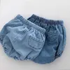 Shorts fofos casuais shorts de jeans de menino adequado para crianças e meninas de design de bolso de design calças de jeans infantil 0-24M D240510