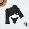 Women's Swimwear 2024 European And American Gauze Sun Protection Beach Three-piece Swimsuit Long-sleeved Smock Black Bikini Swimming