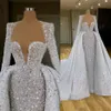 Sparkle Wedding Dress with Löstagbart tåg Långärmad pärlor Vestido de Novia Bridal -klänningar paljetter Robes de Mariee 334V