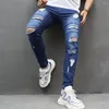Jeans masculins élégants hommes épissant un pantalon de motard skinny bleu en détresse Hiphop Street Male Stretch Holes