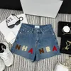 2024 Summer Women Luxury Design Blue Denim Letter Button Up Shorts Casual High Midist Pocket Shorts Pants