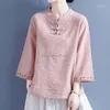 Etniska kläder 2024 Retro kinesisk stil bomullslinne topp graciös temperament chic broderi blus sommar bred ärmar