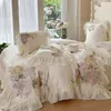 Bedding Sets Flowers Embroidery Lace Ruffles French Princess Wedding Set Lyocell Cotton Soft Silky Duvet Cover Bed Sheet Pillowcases