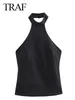 Tanques femininos Mulher Summer 2024 Chique elegante preto fora do ombro Halter top Top Vintage Sleeseless Backless Slim Tops MUJER