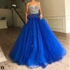 Kogel jurk Royal Blue Tule Long Prom Dress Diamonds kralen Puffy Train Elegante avond Elie Saab Quinceanera Dresses 246W