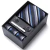 Neck Tie Set Gift box Plain Floral Tie Mens 7.5cm Silk Necktie Set Blue Green Purple Gold Wedding Solid Tie Hanky Cufflinks Clip Set