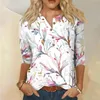 Women's T Shirts Uniquely Styled Ladies Floral Print Three Quarter Sleeve Button Collar Top T-Shirt Bottom Shirt Premium Trends