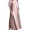 Casual Dresses Women Dress Vintage V Neck Maxi med fickor för fotledslängd Löst passande sommarkläder Korta ärmar Big Hem