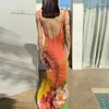 Casual Dresses InsLucky Summer Orange Rose Print Dress Women Elegant Birthday Party V Neck Sleeveless Slim A Line Camidress Beachwear