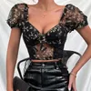 Yimunancy Boho Bufferfly Embroidery Puff Sleeve Top Women v Neck Summer Backless Stose Sexy Cropped Blouse 240424