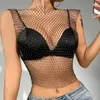 Tanques de femmes T-shirts sexy t-shirts Fishnet Sparkly Rhingestone Sleeve Hollow Out Blouse Blouse Nightclub Rave Party Y2K Streetwear Tops