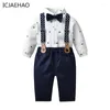 Kläder sätter icjaehao 2024 Barn vårhöstmatchande pojkar kostym gentleman bow slips skjorta bousers baby hundra dagar gammal