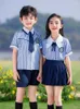 Clothing Sets Korean Style Blue Striped Boys Short Sleeve Shorts Shirt Girls Doll Collar Lace Pleated Skirt Set Primary