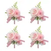 Fleurs décoratives 4pcs Fleur artificielle boutonniere ruban Broche corsages de marié fête