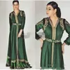 2019 Emerald Green Moroccan Caftan Long Sleeve Evening Dresses Custom Make Gold Embroidery Kaftan Dubai Abaya Arabic Evening Wear Gowns 1741