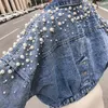 Rimocy Pearls décorer la veste denim Femmes Automne But Fower Collor Cropped Coat Femme Bouton Long Manche Vestes Jeans 240423