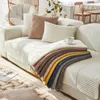 Stol täcker vinter förtjockad plysch soffa matta dammsäker anti glid täckning fast färg geometriska ränder soffa kudde sutur