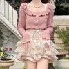 Werkjurken roze Japanse kawaii tweedelig set vrouwen zoete feest boog schattige rokpak vrouwelijk elegante lange mouw vest mini cake