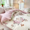 Yatak Setleri Tatlı Çiçek Baskı 4 PCS Set Fırçalanmış Yatak Çarşartılar Yorgan Yorum Kapağı Yatak İnitasyon Ketenleri